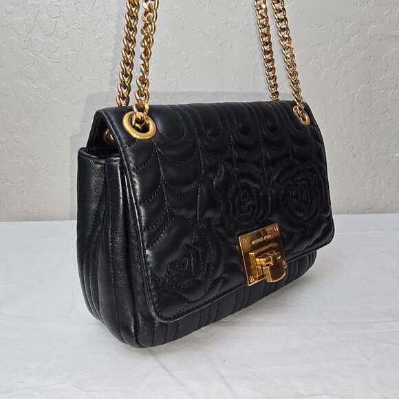 Michael Kors Vivianne Black Floral Quilted Leather Gold Chain Strap Shoulder Bag - Picture 6 of 12